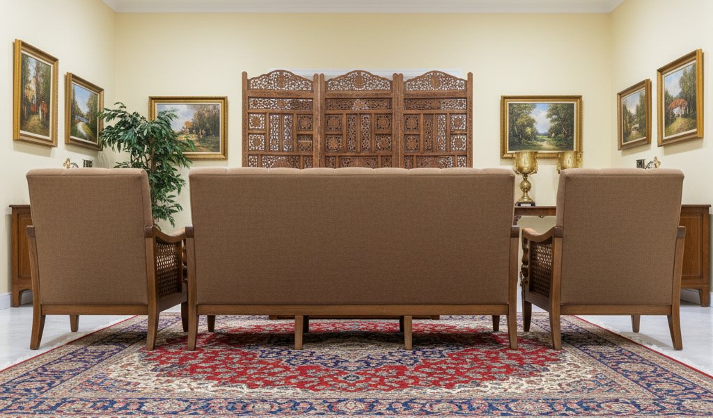 Classic Wooden Sofa Set (3+1+1) with Premium Maroon Fabric Upholstery - Image 4